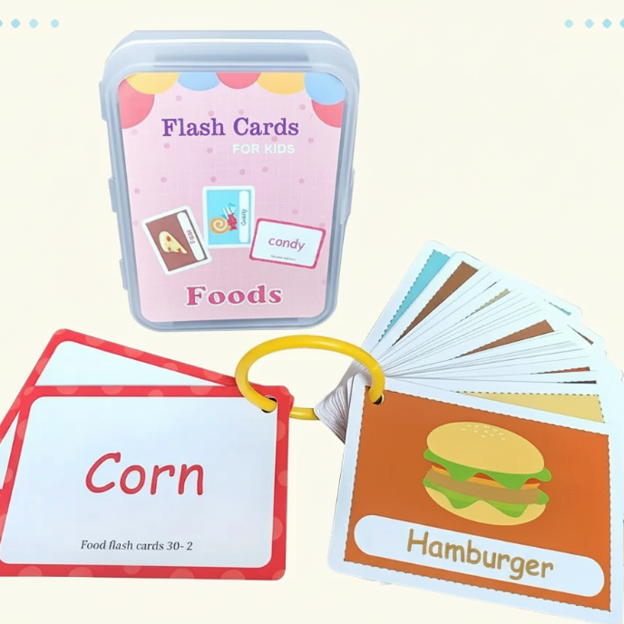Food flash cards showing corn and hamburger, with a ring and storage case.
