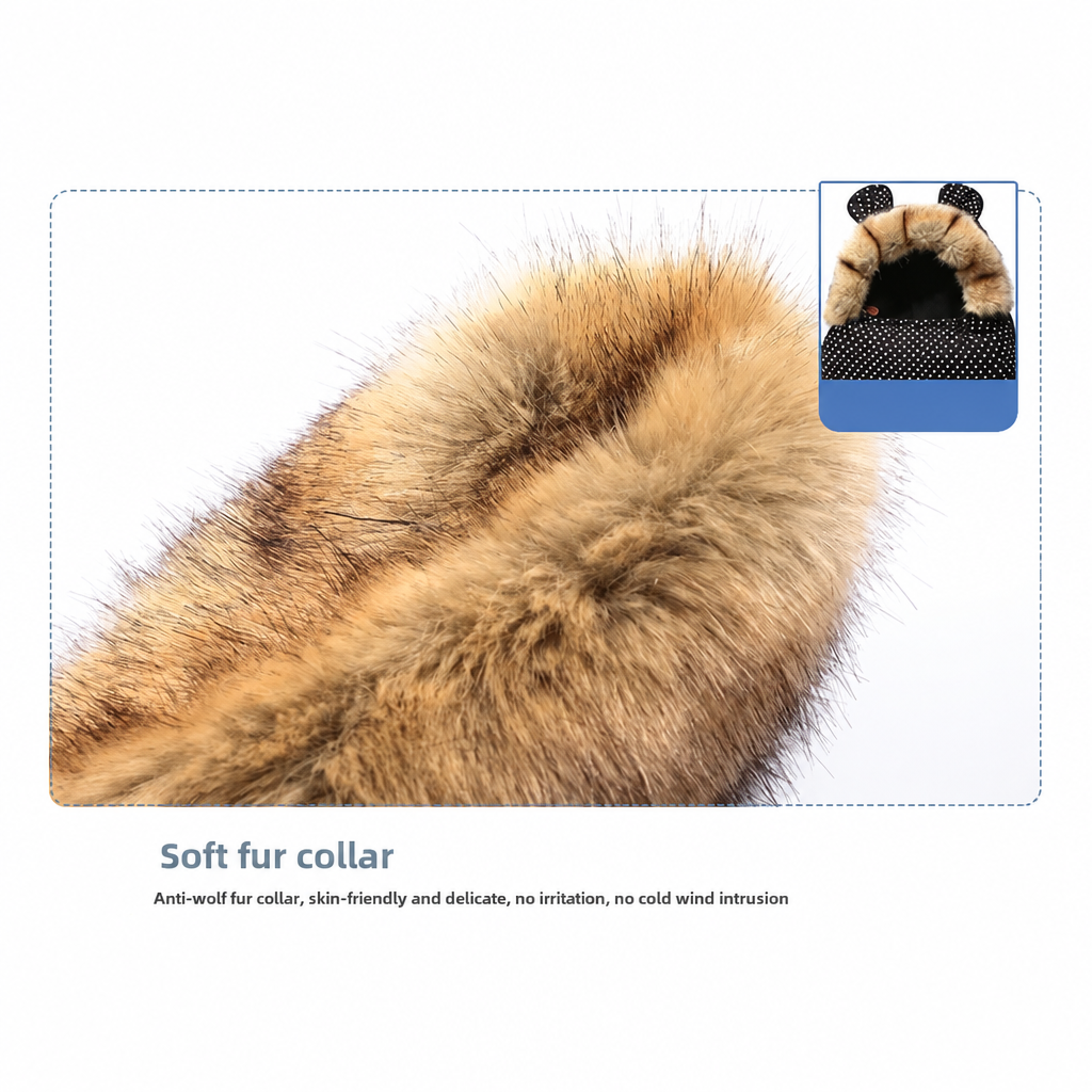 Close-up of a brown faux fur collar with an inset showing the small ear details
