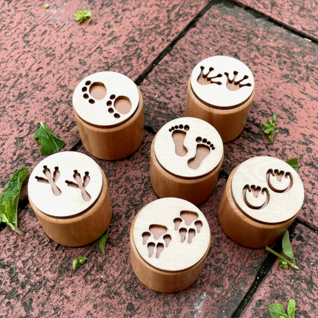Six wooden stamps with human and animal footprint patterns on a pink wooden surface.