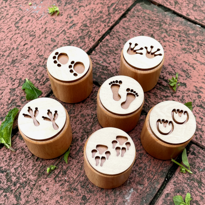 Six wooden stamps with human and animal footprint patterns on a pink wooden surface.
