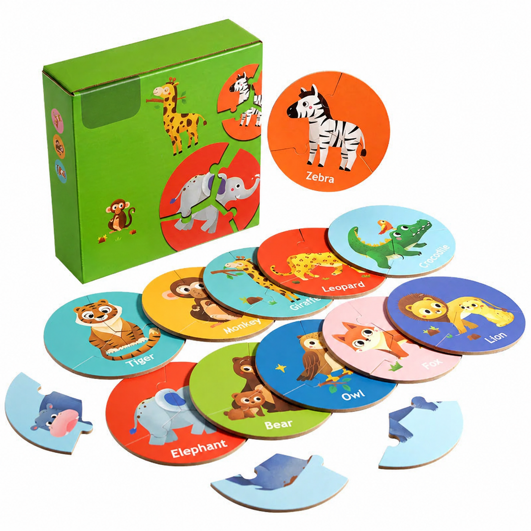 Green box with round animal puzzles, including a zebra, elephant, tiger, and owl