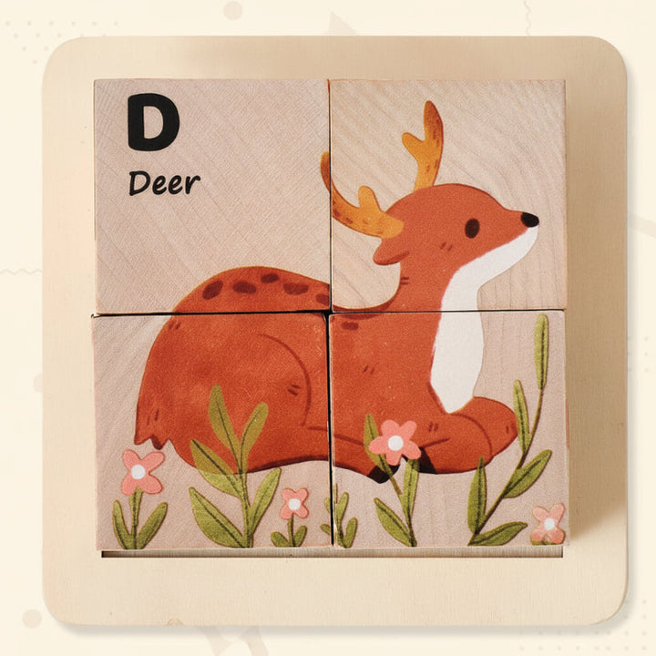 Forest animal block puzzle with a deer picture completed in the wooden tray