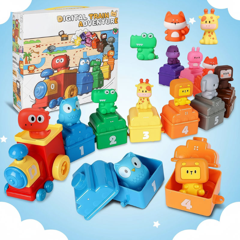 Forest Animals train set with a red engine, numbered wagons, animal figures, and retail box