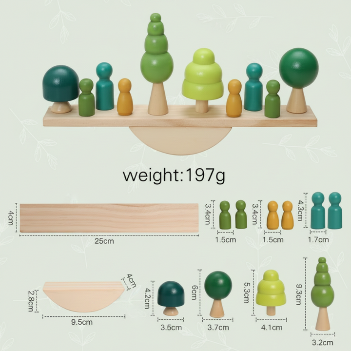 Forest-themed wooden balancing set with a 25 cm board and piece measurement guide