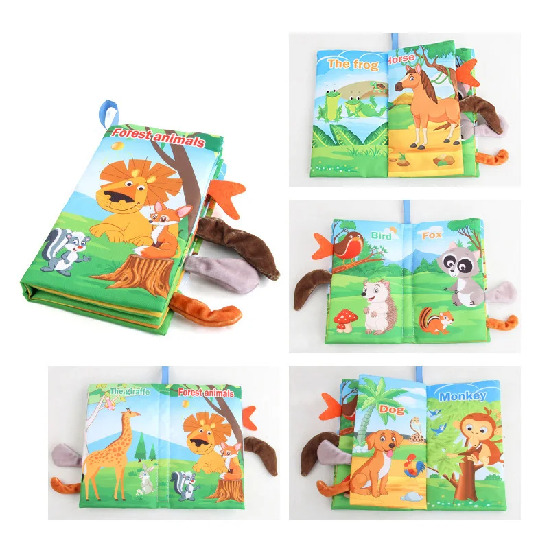 Forest animal book showing its green lion cover and pages with a giraffe, camel, frog, and monkey.