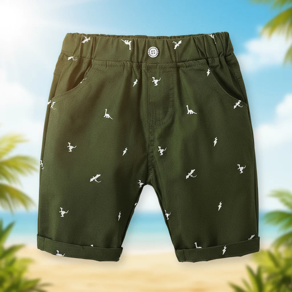 Forest green dinosaur shorts with side pockets and turned-up hems