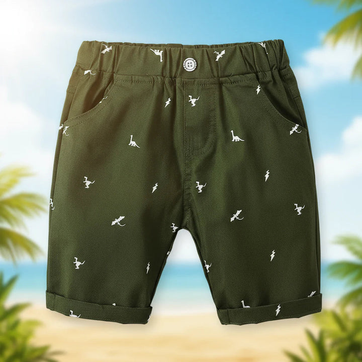Forest green dinosaur shorts with side pockets and turned-up hems