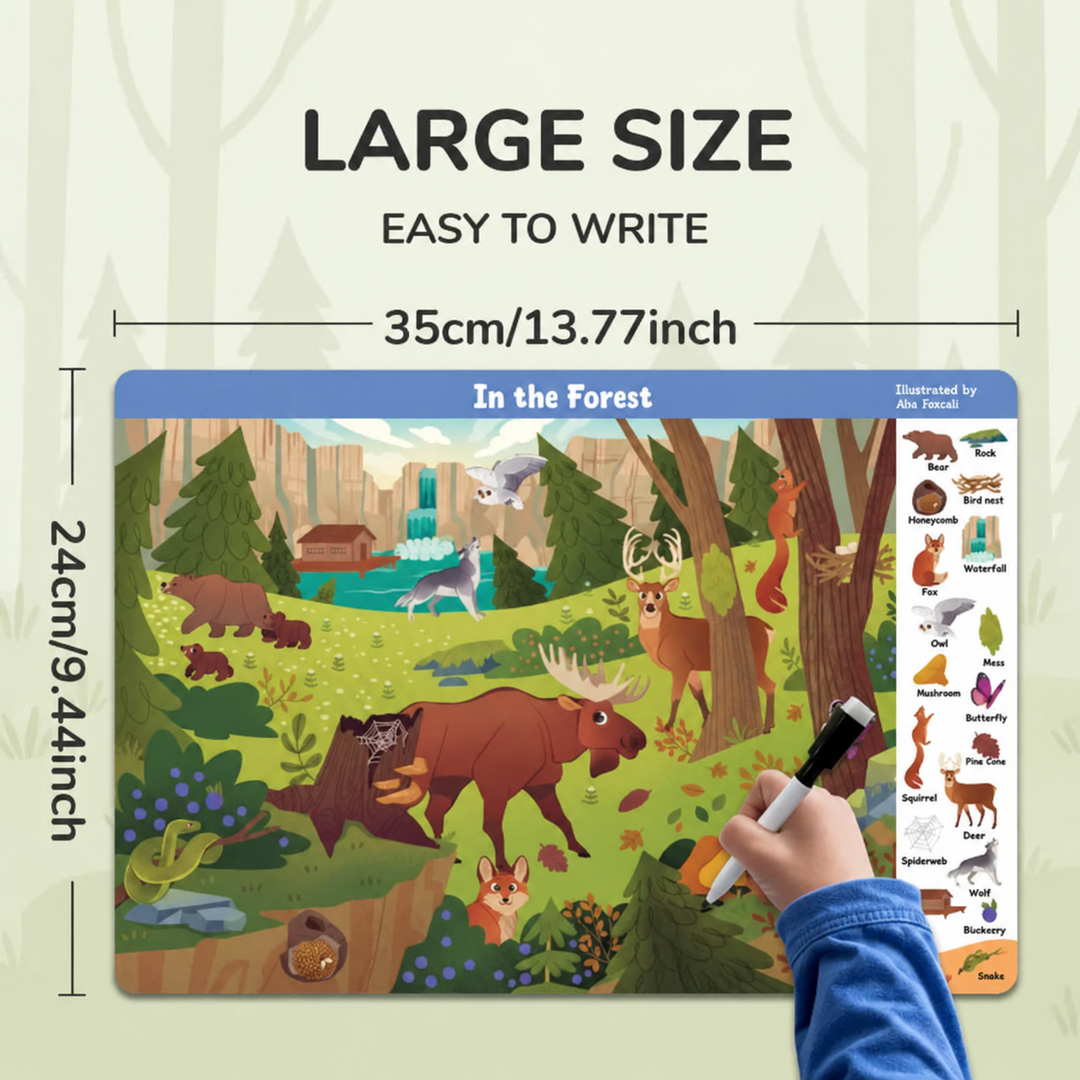 Forest search-and-find activity page with measurements showing 35 cm wide by 24 cm tall