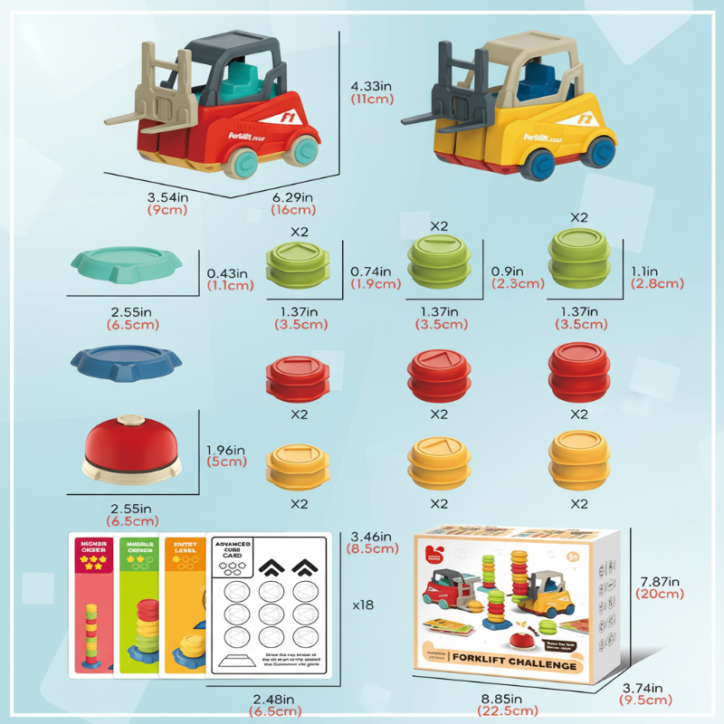 Forklift play set measurement chart showing trucks, stacking pieces, bases, bell, cards, and packaging