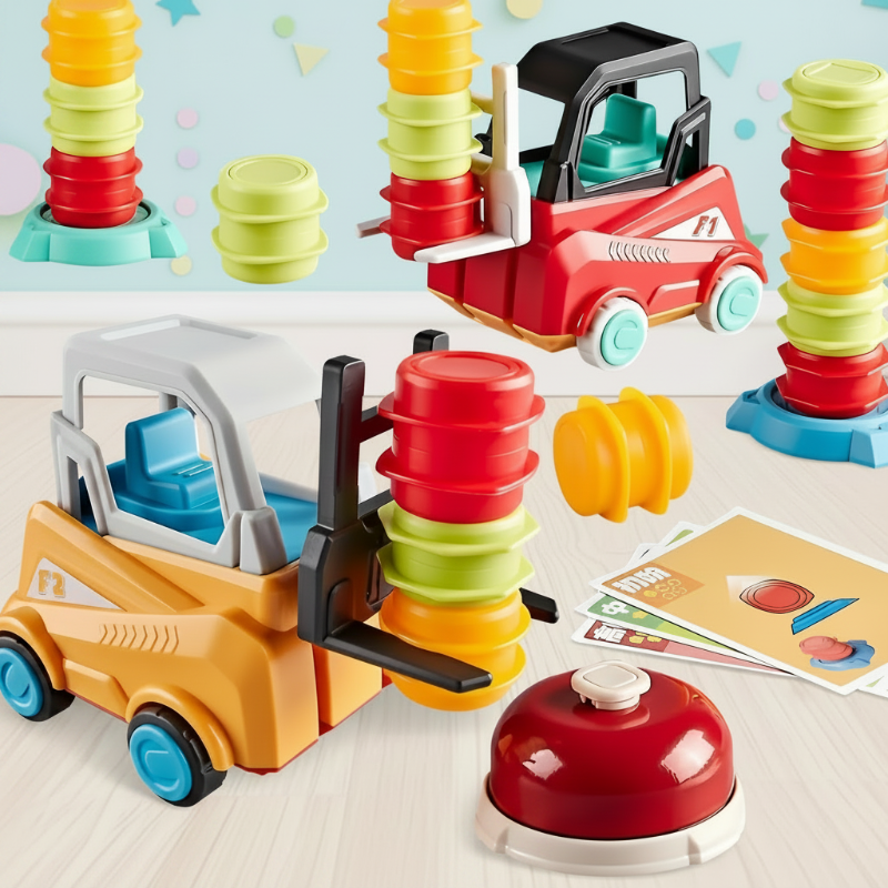 Red and yellow toy forklifts with colorful stacking pieces, pattern cards, and a red bell