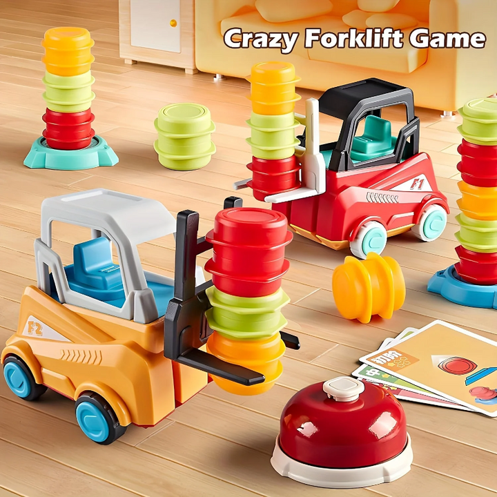 Forklift game arranged with two trucks, stacked pieces, pattern cards, and a bell