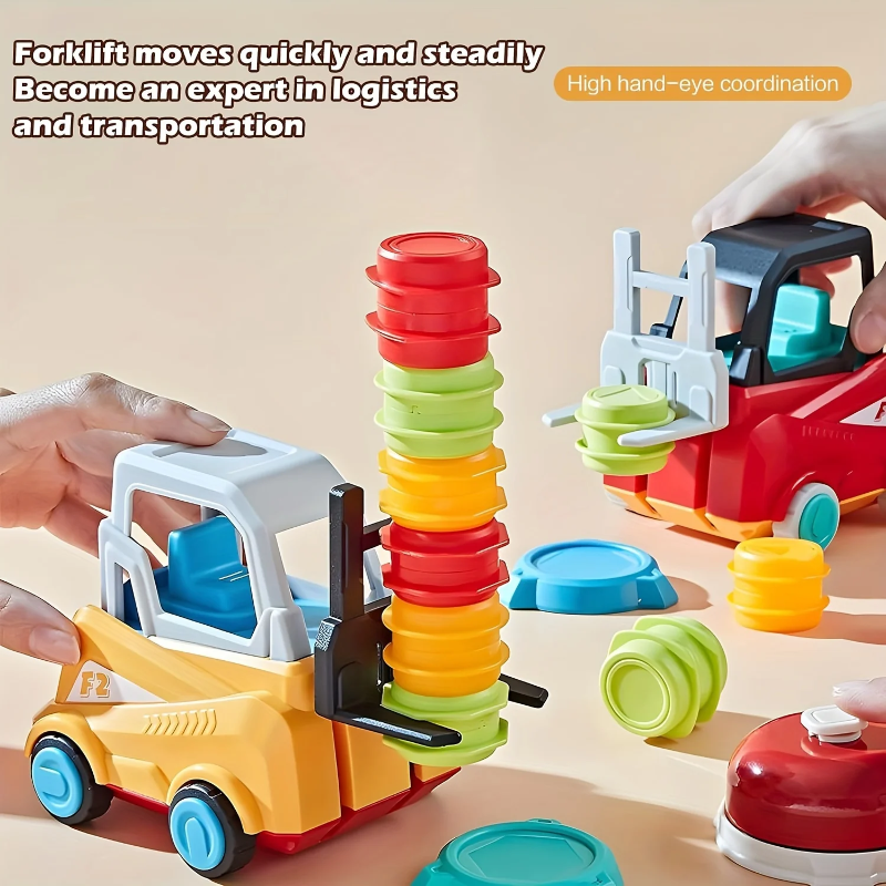 Toy forklifts lifting stacks of red, green, and yellow pieces