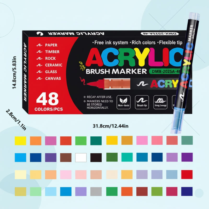 48-color acrylic brush marker box with package measurements, a marker, and color swatches