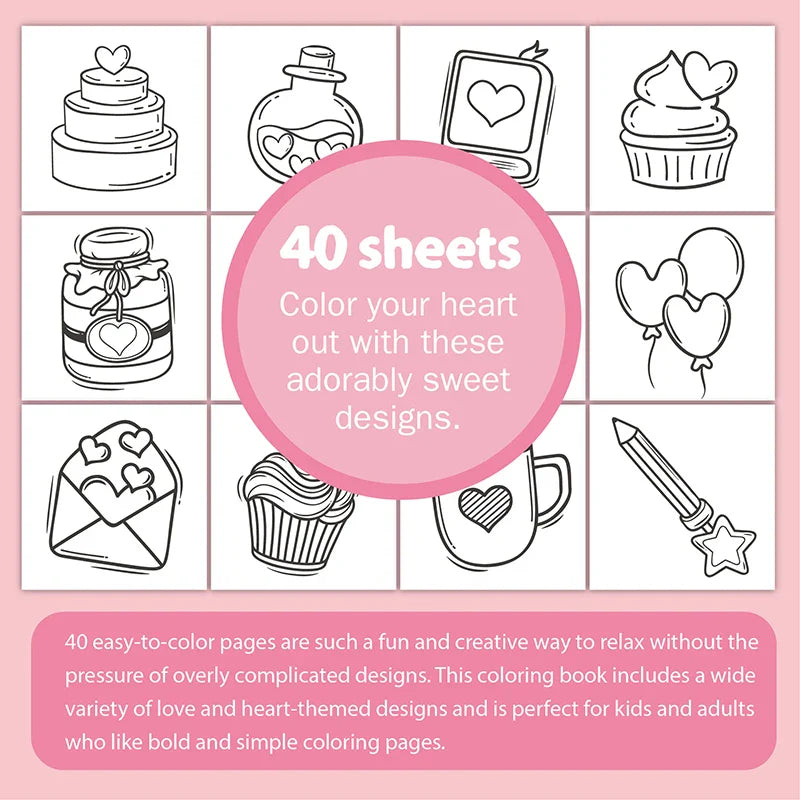 Heart-themed coloring designs with cakes, cupcakes, balloons, and a mug