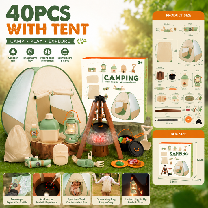 40-piece camping play set with tent, accessory overview, measurements and packaging.
