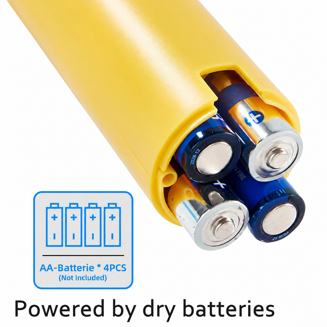Open battery compartment on a yellow airbrush tool with four AA batteries