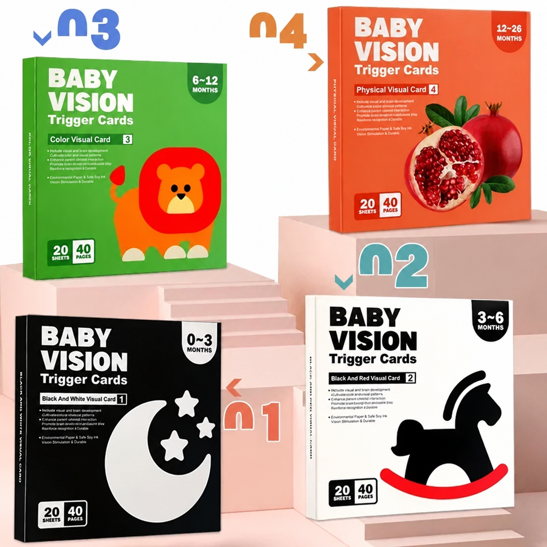 Four age-stage picture card boxes for 0–3, 3–6, 6–12, and 12–36 months
