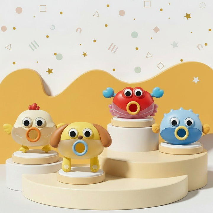 Fish, crab, dog, and chick ball-shaking game containers on display stands