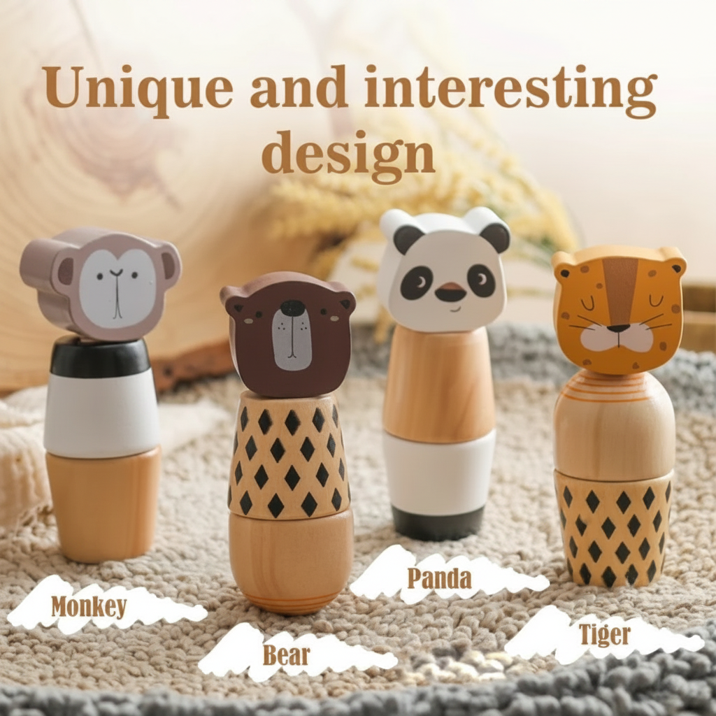 Monkey, bear, panda, and tiger wooden stacking toys displayed upright on a rug