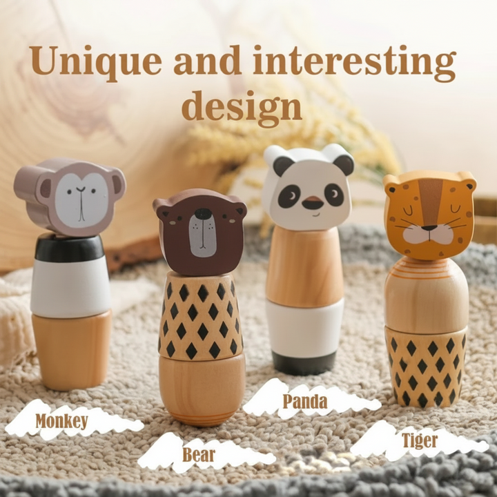 Monkey, bear, panda, and tiger wooden stacking toys displayed upright on a rug