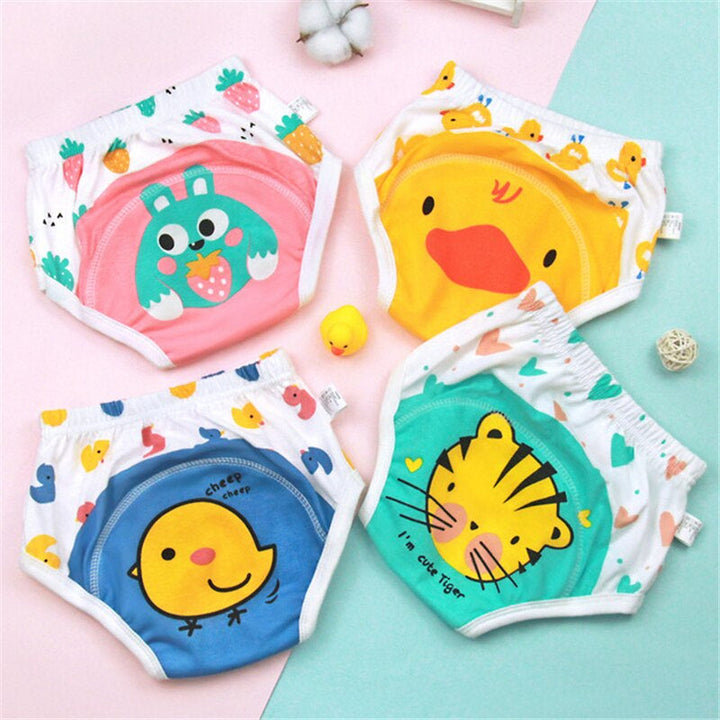 Four cotton training pants with rabbit, duck, bird, and tiger designs