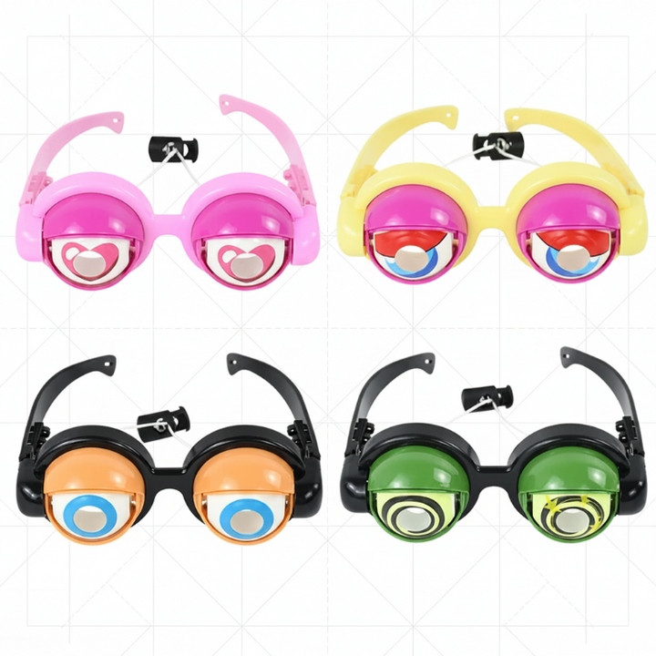 Pink, yellow, orange-eye, and green-eye toy glasses shown from the front