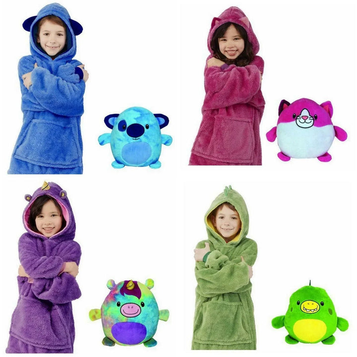 Blue creature, pink cat, purple unicorn, and green dino hoodies beside their plush toy forms.