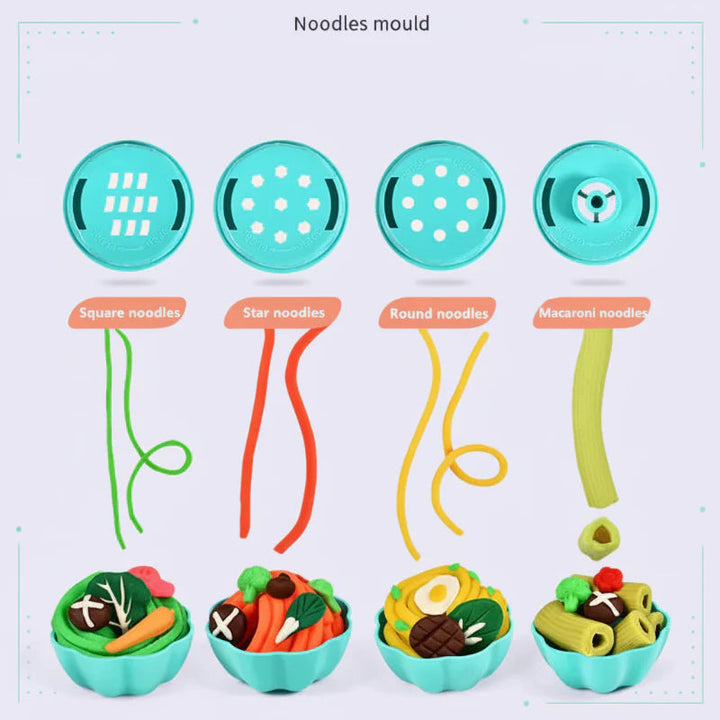 Four noodle-shaping discs with examples of clay noodles and filled bowls