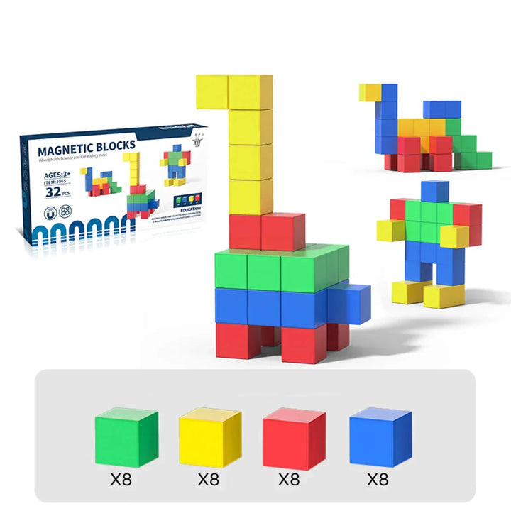 32-piece magnetic block set with four cube colors and sample animal and figure builds