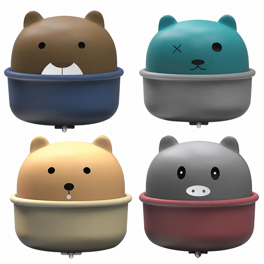 Four animal toy car designs in brown, teal, yellow, and gray