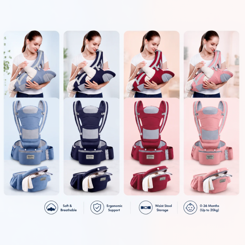 Baby carrier in blue, dark blue, red, and pink, shown assembled and as a separate hip seat