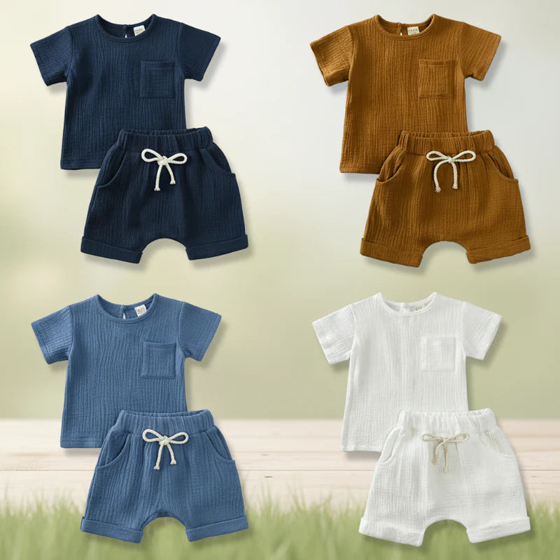 Cotton baby T-shirt and shorts sets in navy blue, brown, blue, and white.