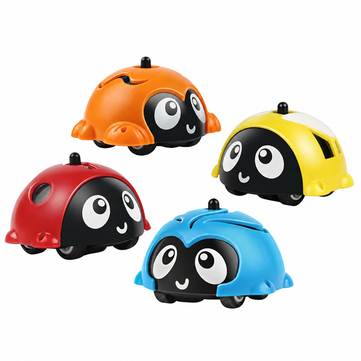 Orange, yellow, red, and blue animal-shaped toy cars with large eyes