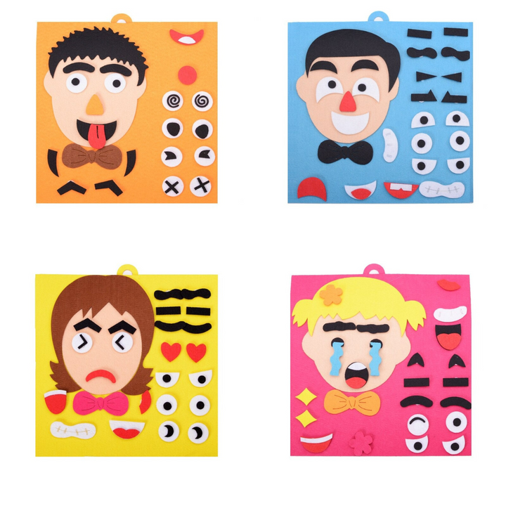 Four felt family face boards in orange, blue, yellow, and pink with interchangeable facial features
