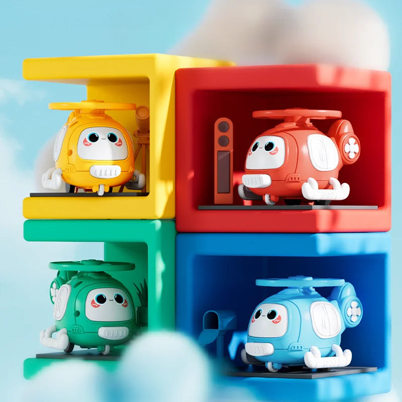 Yellow, red, green, and blue helicopter toys displayed in matching cubbies