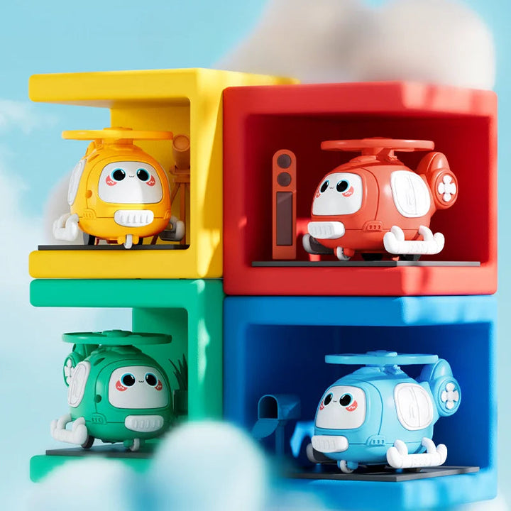 Yellow, red, green, and blue helicopter toys displayed in matching cubbies