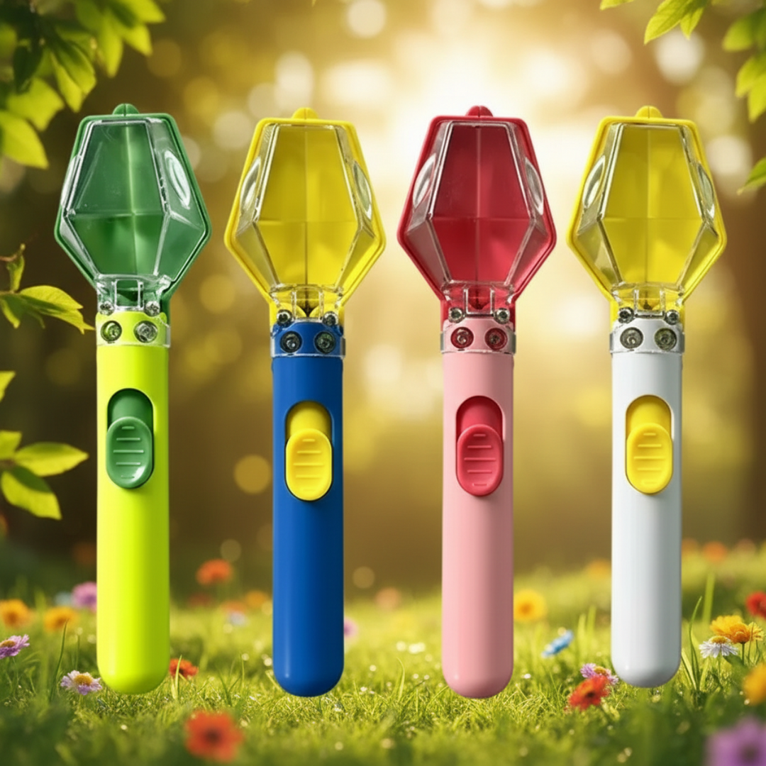 Green, blue, pink, and white insect catchers with transparent viewing chambers