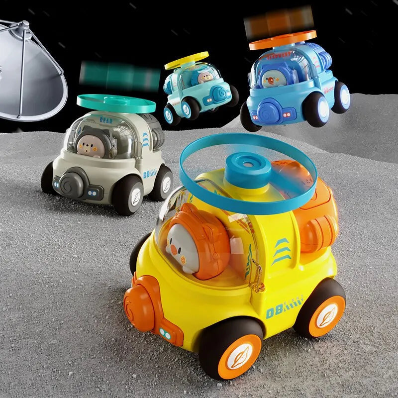 Yellow, blue, green, and gray rotor toy cars with spinning rotors shown above them
