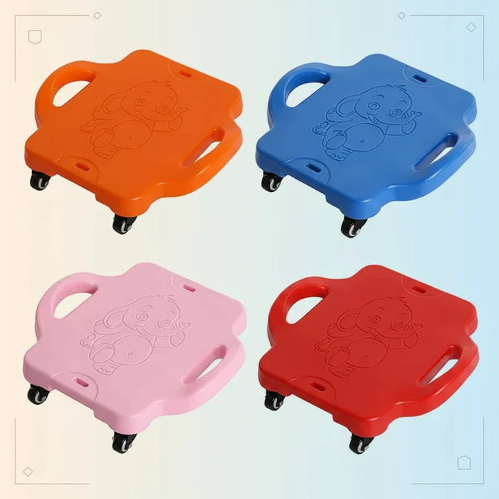 Orange, blue, pink, and red scooter boards with side handles and molded bear designs