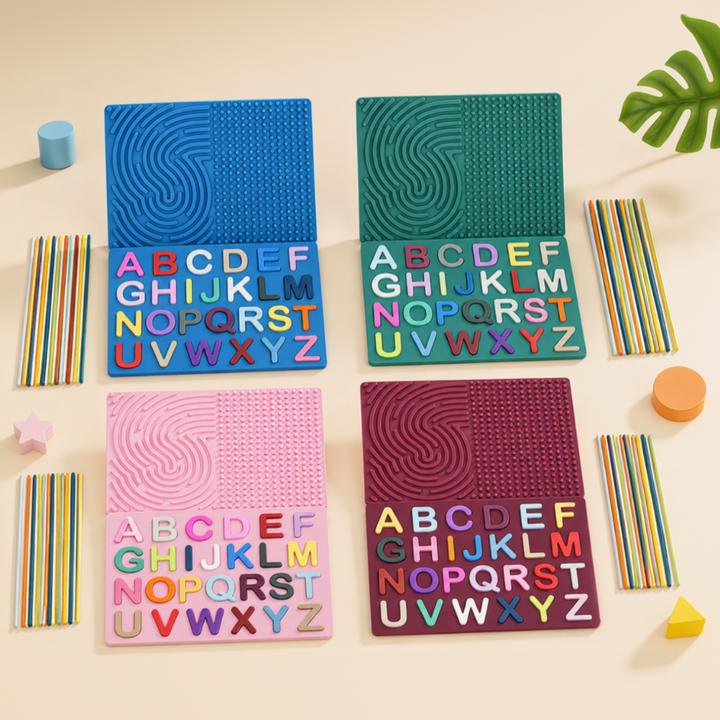 Blue, green, pink, and red alphabet activity boards with textured sides and colorful silicone strings