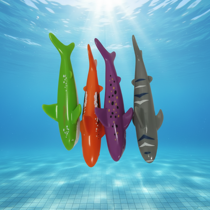 Four shark-shaped diving toys in green, orange, purple and gray