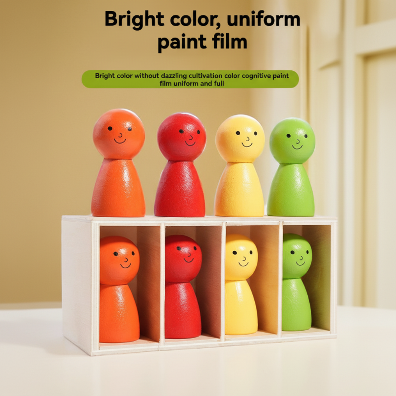 Orange, red, yellow, and green wooden figures in and above a matching rack