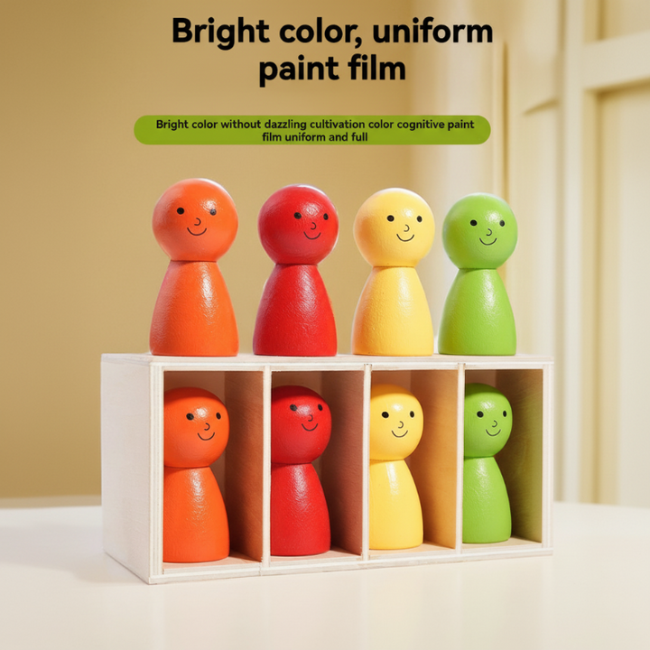 Orange, red, yellow, and green wooden figures in and above a matching rack