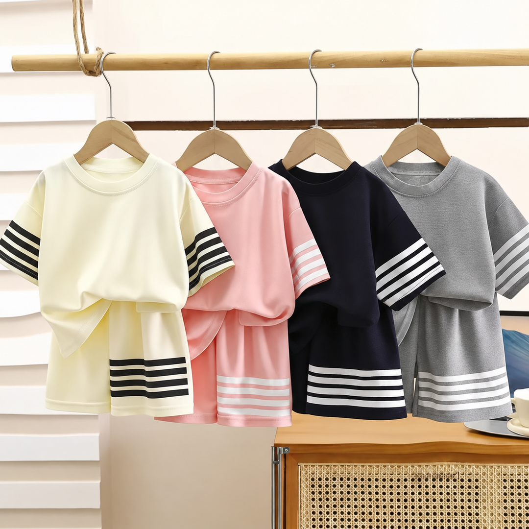 Cream, pink, black, and gray two-piece outfits with contrasting sleeve and shorts stripes.