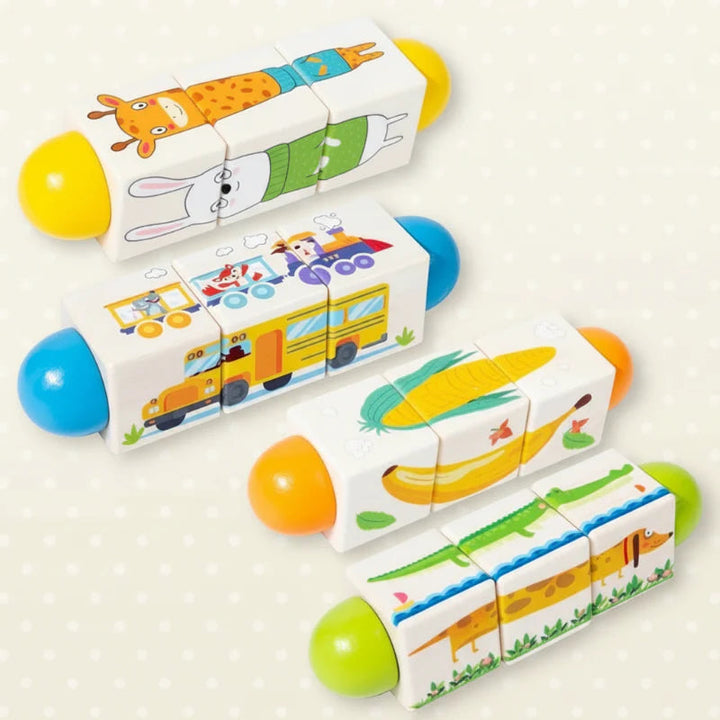 Four wooden rotating puzzles with animal, vehicle, and fruit and vegetable pictures