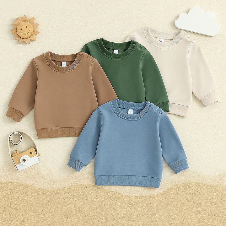 Brown, green, cream, and blue baby sweatshirts with crew necks and ribbed trim