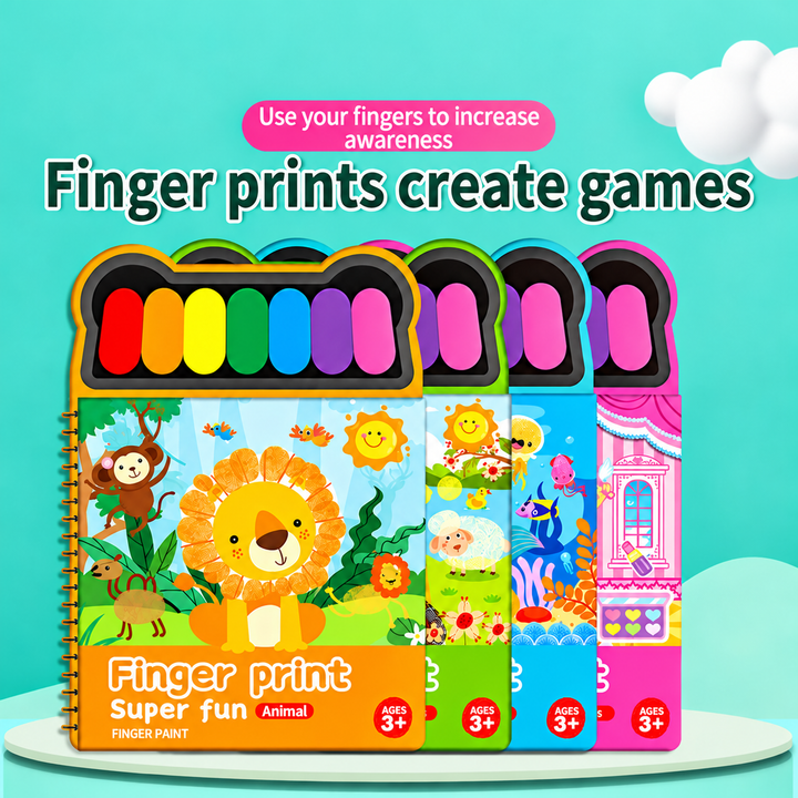 Four finger painting book styles with multicolor paint pads on a round display stand
