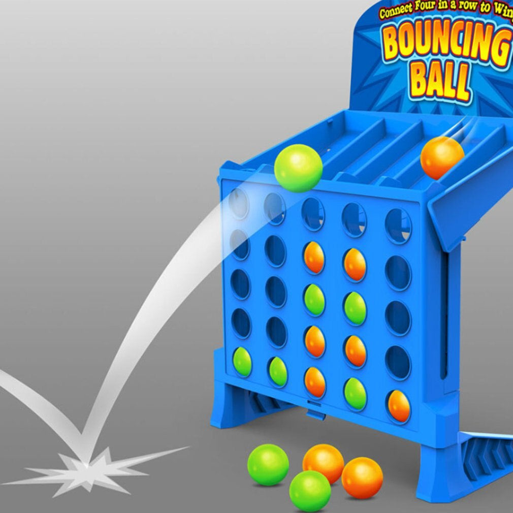 Blue ball toss game with an illustrated bounce path and green and orange balls