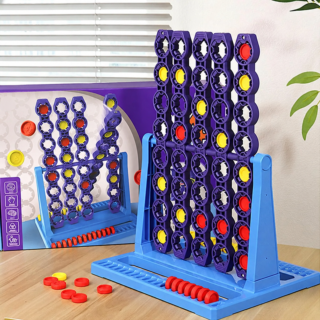 Four-in-a-row game with purple columns, a blue base, red and yellow discs, and its box.