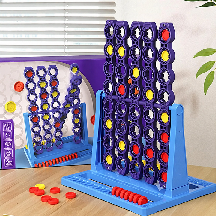 Four-in-a-row game with purple columns, a blue base, red and yellow discs, and its box.